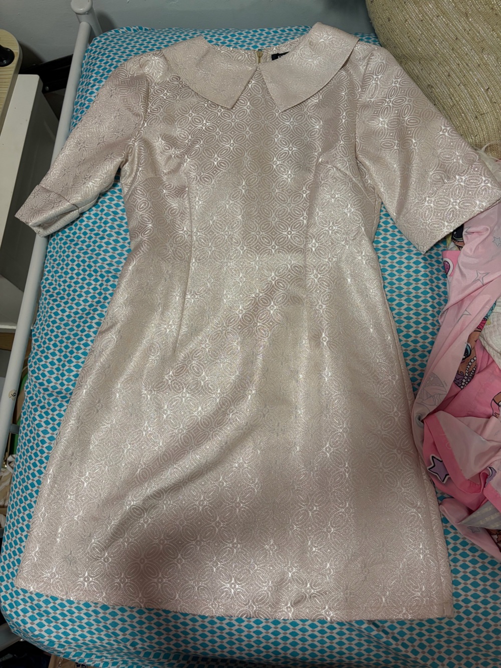 Fashion Union Pale Pink Shimmer Lace Fit-and-Flare Dress with Peter Pan Collar
